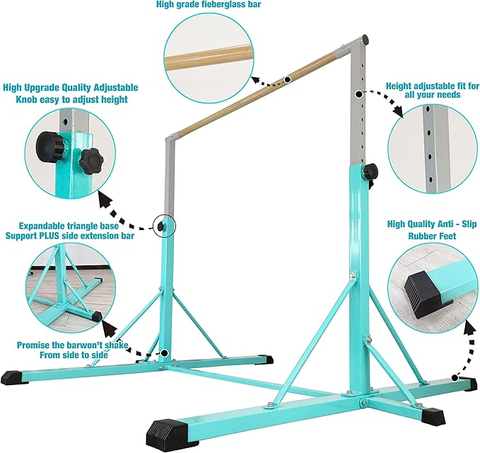 Gymnastics Bar for Kids Ages 3-15, 35" to 60" Adjustable Height, 4FT Wide Base - Professional Kip Bar with 360° Stability & Fiberglass Crossbar, Easy Fold&Solid Design for Home Training
