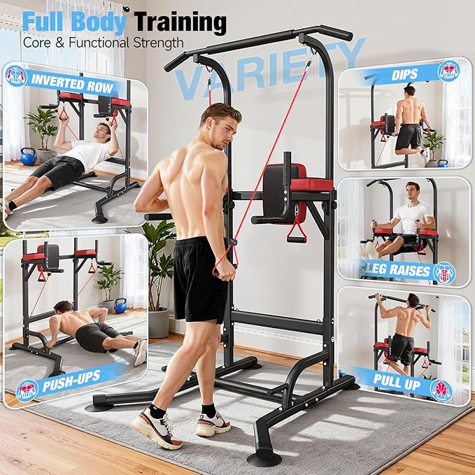 Dskeuzeew Power Tower Pull Up Bar Station for Home Gym Strength, 450LBS Pull Up Dip Station Assistive Trainer Height Adjustable with Elastic Ropes, Pull Up Bar Free Standing Heavy-Duty Fitness Equipment