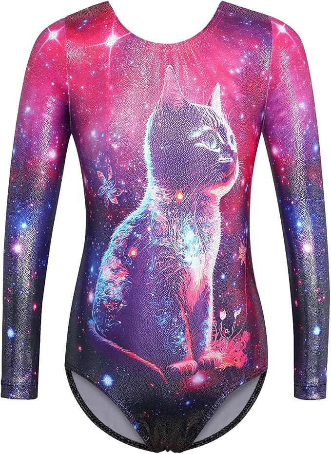 BAOHULU Leotards for Girls Gymnastics Long Sleeve Embroidery Shiny Black Diamond Dance Clothes
