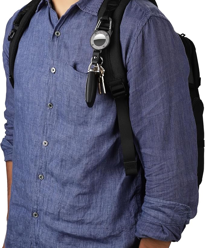 AirTag Holder Keychain - Premium Leather & Carbon Fiber Case with Secure Locking Carabiner | Compatible with Apple AirTag for Keys, Luggage, Backpacks, Bags (Black)