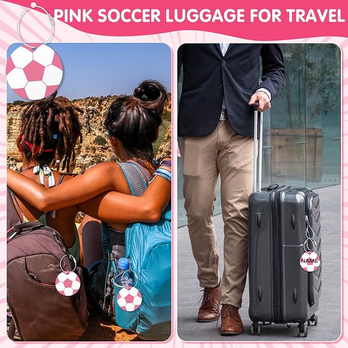 12 Pcs Pink Soccer Luggage Tags for Suitcases Travel Suitcase Labels with Metal Ring 2.75in Pink Soccer Keychain PVC Name Id Card DIY Pocket Hug Card for Men Women Travel Bag Suitcase
