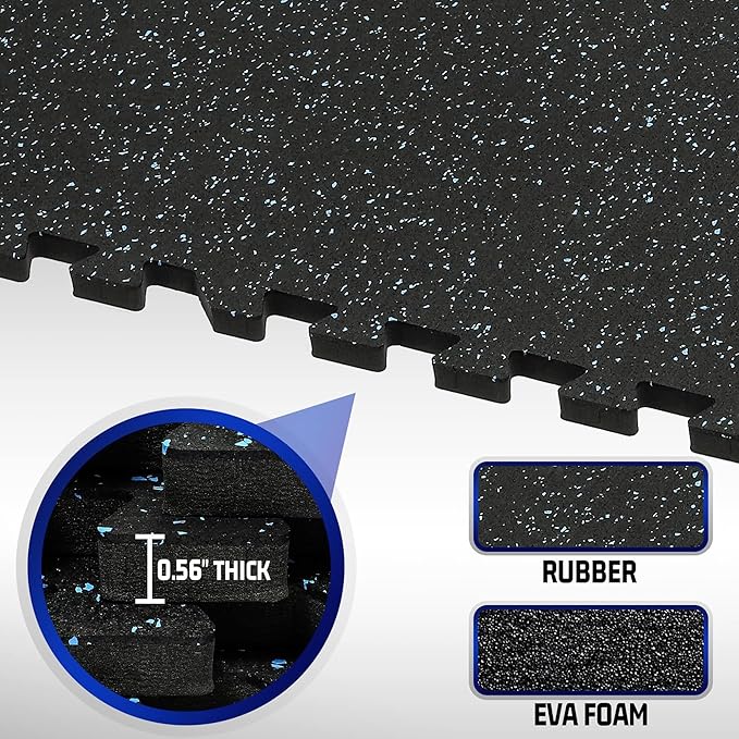 SUPERJARE 0.56'' Thick 48 Pcs 192 Sq Ft Rubber Top Exercise Equipment Mats, High Density EVA Foam Mats with Rubber Top, Interlocking Gym Flooring for Home Gym, Protective Workout Mat, Black/Blue