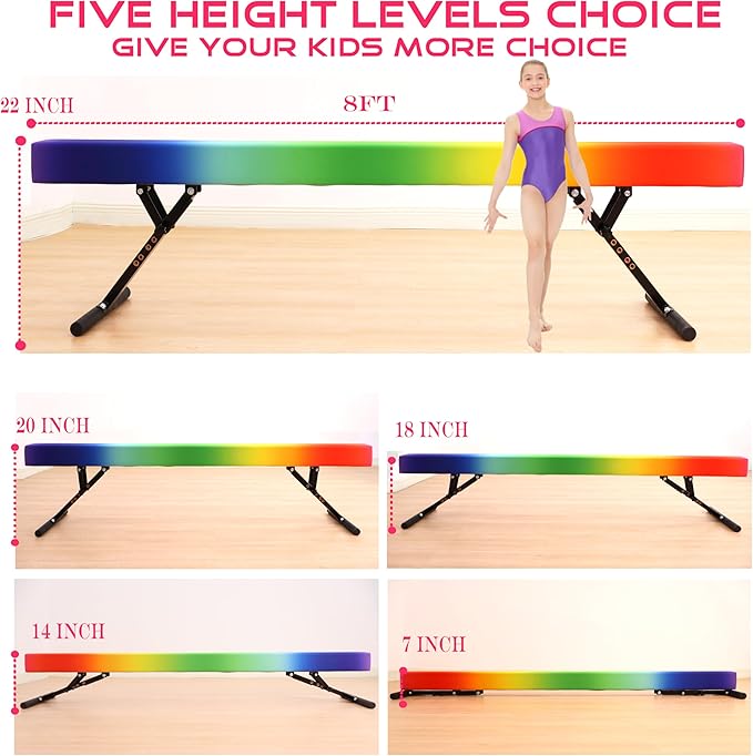 8 Ft Gymnastic Balance Beam with Adjustable Height From7 inch to 22 inch for Kids Children Home Practice, Adjustable Balance Beam with Leg, High and Low Floor Gymnatic Training Beam