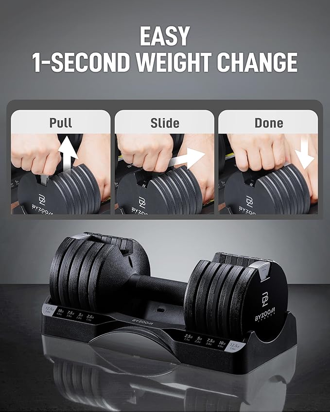 BYZOOM FITNESS Adjustable Dumbbell – 12.5/25lb Single Unit OR Set of 2 – 5-in-1 Adjustable Weight for Home Gym, Strength Training & Fitness Workouts, White OR Black