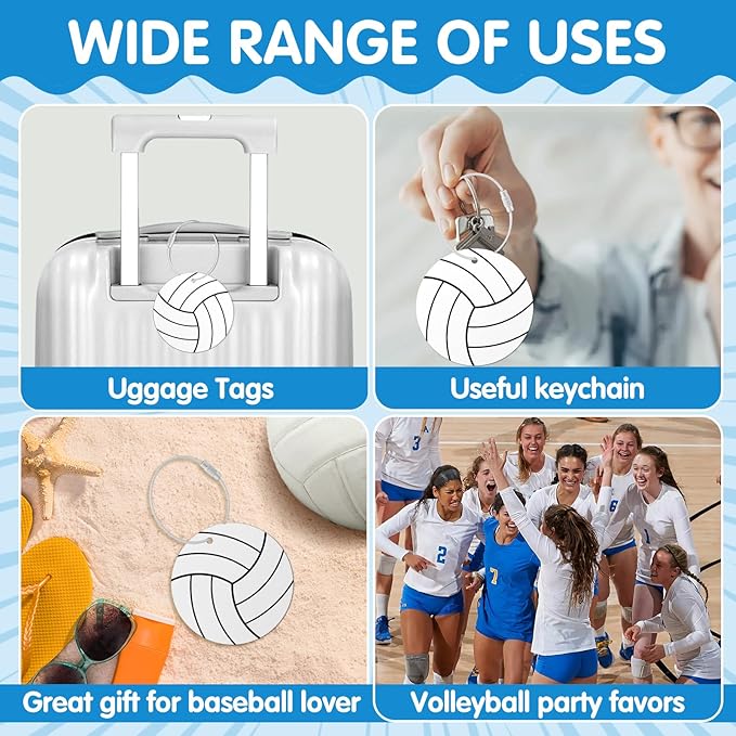 12 Pcs Volleyball Luggage Tags for Travel Suitcases Labels with Metal Ring 2.75in Volleyball Keychain, PVC Name Id and DIY Pocket Hug Card,Backpack Charm for Men Women Travel Bag Suitcase