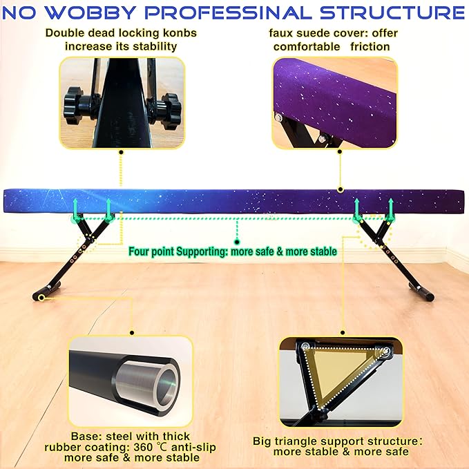 8 Ft Gymnastic Balance Beam with Adjustable Height From7 inch to 22 inch for Kids Children Home Practice, Adjustable Balance Beam with Leg, High and Low Floor Gymnatic Training Beam