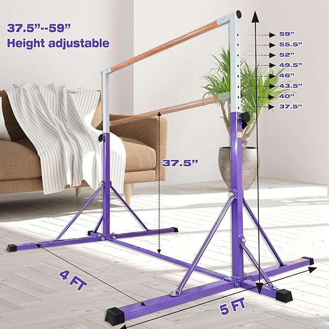 Gymnastics Bar for Kids Ages 3-15, 35" to 60" Adjustable Height, 4FT Wide Base - Professional Kip Bar with 360° Stability & Fiberglass Crossbar, Easy Fold&Solid Design for Home Training