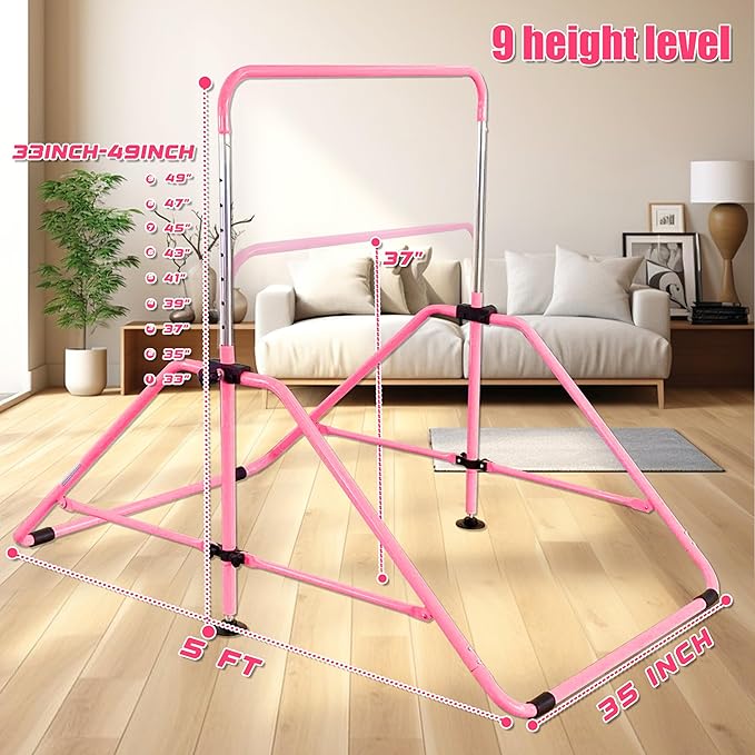 MARFULA Foldable Gymnastic Bar for Kids Ages 3-12, 9 Height Levels, 200 lbs Weight Capacity, 5 Ft Length Gymnastic Kip Bar with Mat, Gymnastic Equipment for Home and Gym Center Indoor Outdoor Use
