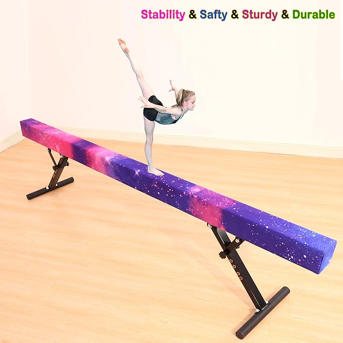 8 Ft Gymnastic Balance Beam with Adjustable Height From7 inch to 22 inch for Kids Children Home Practice, Adjustable Balance Beam with Leg, High and Low Floor Gymnatic Training Beam