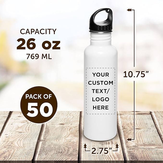 DISCOUNT PROMOS Custom Stainless Steel Water Bottles 26 oz. Set of 50, Personalized Bulk Pack - Reusable, Leak Proof, Perfect for Gym, Hiking, Camping, Outdoor Sports - White