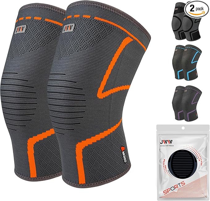 Knee Compression Sleeve, 2 Pack Knee Brace for Women Men Knee Pain Relief, Running Knee Support, Knee Braces for Meniscus Tear ACL Arthritis Recovery, Rodilleras para Gym Fitness (Orange, Large)