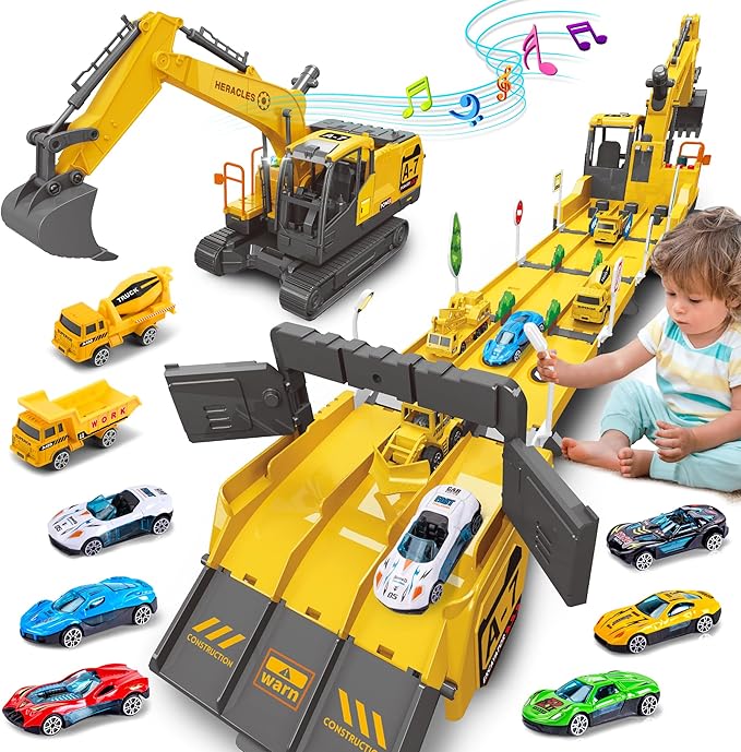 Dwi Dowellin Toys for 3 Year Old Boys,Excavator Toys for Kids with 6 Metal Racing Cars and 2 Engineering Vehicle,Foldable Ejection Vehicle with Lights & Sound for 3 4 5 6 7 Years Old Gifts