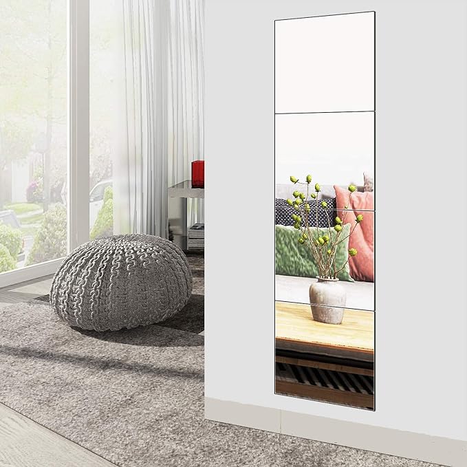 Ruomeng Full Length Wall Mirror Tiles, 12" x 12" x 4Pcs Frameless Wall Mounted Mirror Glass Wall Mirror for Home Gym, Door, Bedroom, Living Room