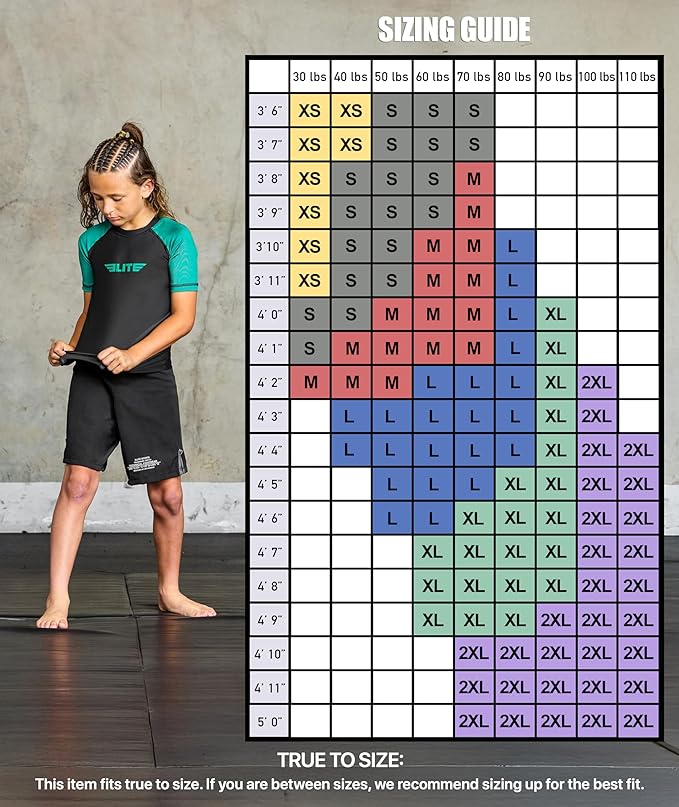 Elite Sports Kids Jiu Jitsu BJJ Rash Guard, Short Half Sleeve Compression Shirt for Youth Boys Girls Sports Nogi Training