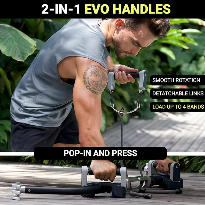EVO Bow - All in One Portable Home Gym System with Ultra Weighted Push Up Board | Compact Strength Training and Exercise Equipment for Travel, Notched Resistance Bands for Full Body Training | 300lbs