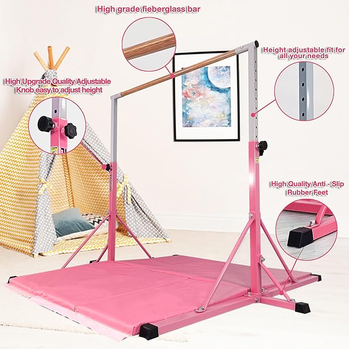 Gymnastics Bar for Kids Ages 3-15, 35" to 60" Adjustable Height, 4FT Wide Base - Professional Kip Bar with 360° Stability & Fiberglass Crossbar, Easy Fold&Solid Design for Home Training
