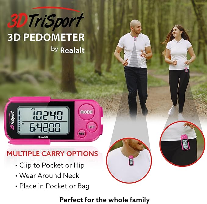 Realalt 3DTriSport Walking 3D Pedometer with Clip & Strap, eBook Included 30 Days Memory Accurate Step Counter, Walking Distance Miles/Km, Calorie Counter, Daily Exercise Time Monitor