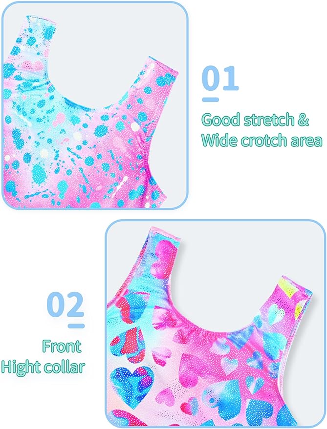 Nymphperi 2 Packs Gymnastics Leotard for Girls Sparkle Biketards with Shorts Kids Sleeveless Unitard One-Piece Dancewear