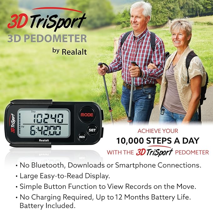Realalt 3DTriSport Walking 3D Pedometer with Clip & Strap, eBook Included 30 Days Memory Accurate Step Counter, Walking Distance Miles/Km, Calorie Counter, Daily Exercise Time Monitor