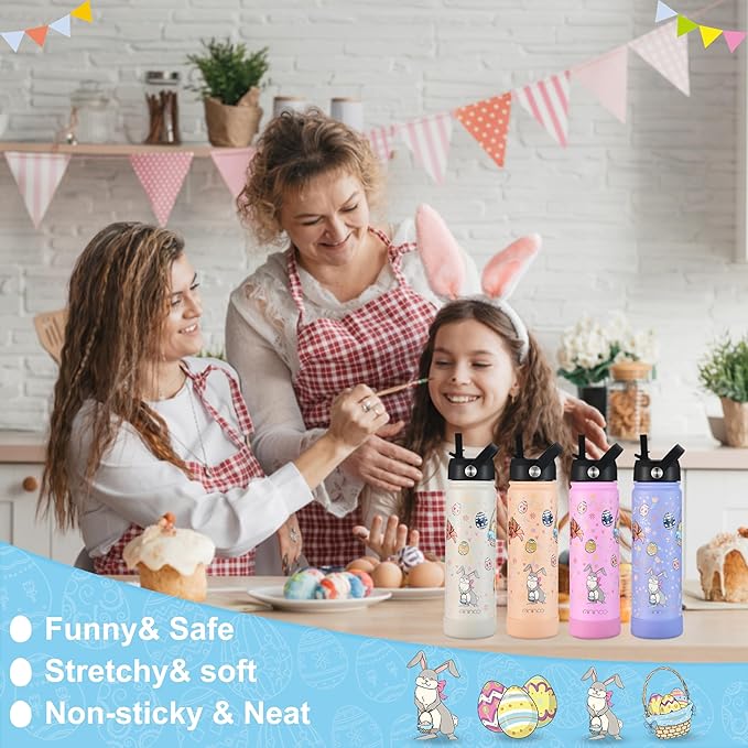 mininoo Water Bottle with Straw Lid, 24 oz Insulated Stainless Steel Double Wall Vacuum, Gifts, Cute Bunny & Egg(Peach Fuzz)