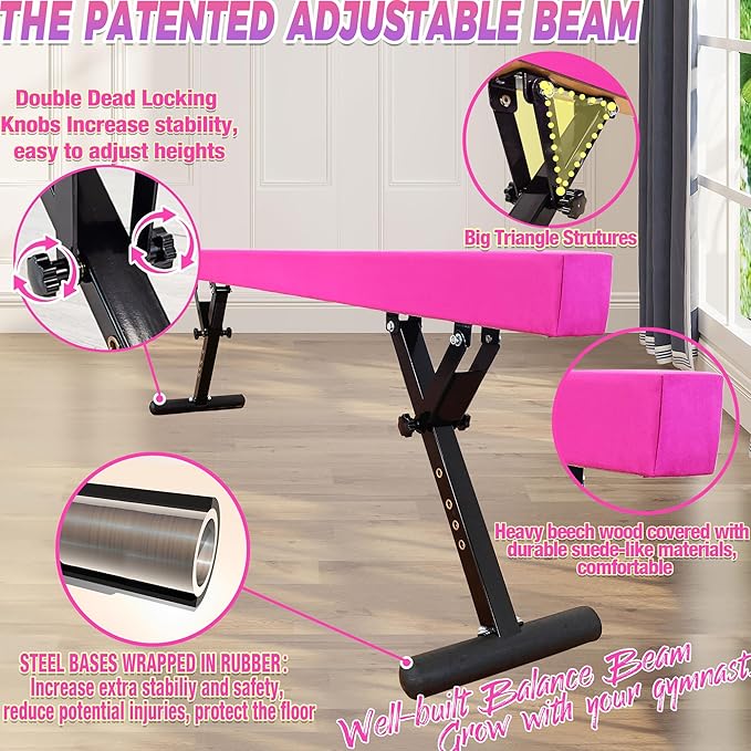 PreGymnastic 8FT Balance Beam, Raised Gymnastics Beam for Kids Ages 3-12, Home Gym Equipment for Training, Adjustable Balancing Beam Indoor, Off-Ground Competition Style
