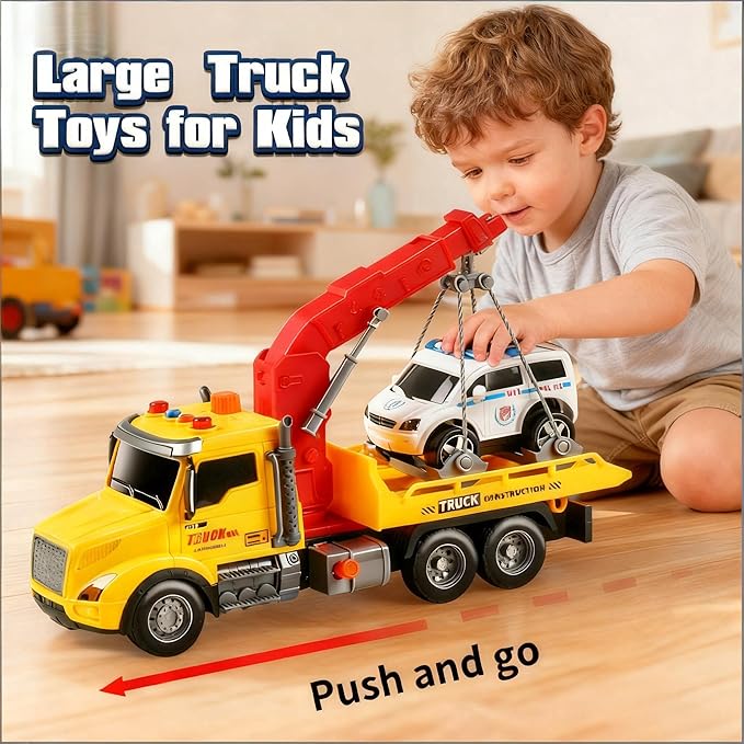 Toddler Boy Toys,Tow Truck Toy for 3 4 5 6 7 Year Old Boys,Friction‑Powered Rescue Tow Truck with Lights and Sounds,Birthday Gifts for Boys & Girls