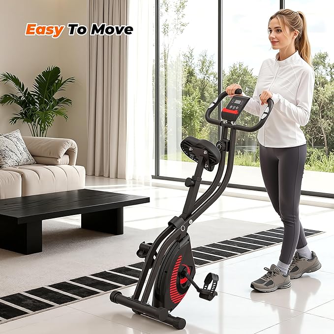 Exercise Bike 3 IN 1 Stationary Bike Folding Exercise Bike with Adjustable Resistance Comfortable Seat Cushion LCD Monitor 265 lbs Weight Capacity for Home Gym Workout (Red)