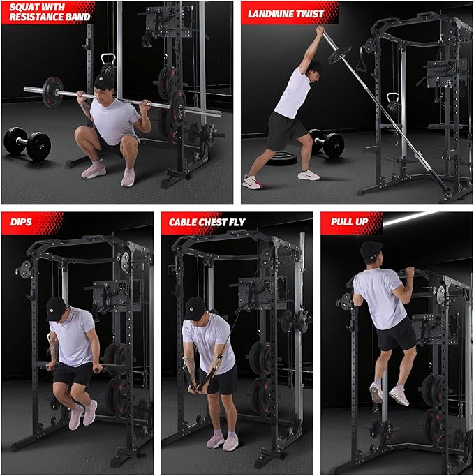 Power Cage, Multi-Function Squat Rack with Dual Independent Pulley System, 2000 LB Capacity Workout Cage with Adjustable Cable Crossover System and Training Attachment for Home Gym