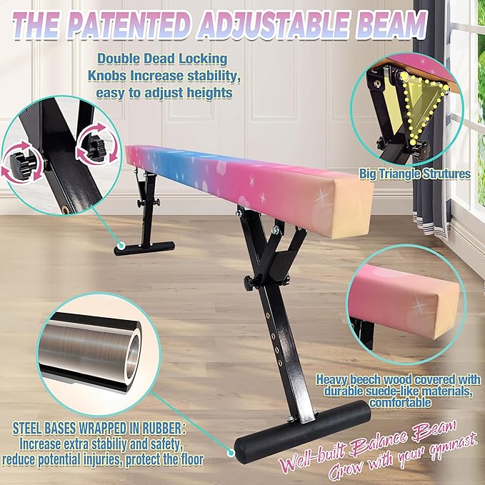 PreGymnastic 8FT Balance Beam, Raised Gymnastics Beam for Kids Ages 3-12, Home Gym Equipment for Training, Adjustable Balancing Beam Indoor, Off-Ground Competition Style