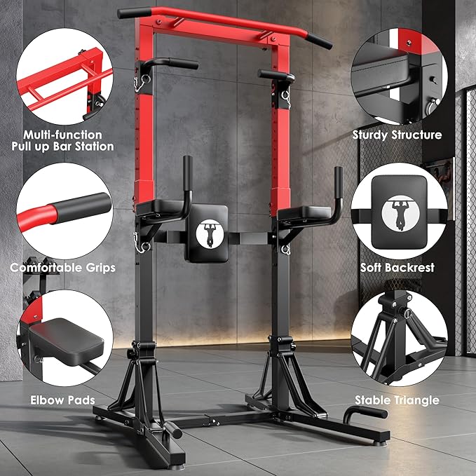 DlandHome Foldable Power Tower Pull Up Bar Station, Strength Training Fitness Equipment, Multi-Function Adjustable Height Pull Up Dip Station for Home Gym Workout, Pull Up Stand, Black & Red