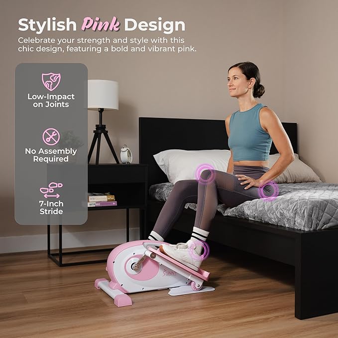 Sunny Health & Fitness Under Desk Pedal Elliptical Machine, Adjustable Resistance Leg Exerciser Home Workout While Sitting for Seniors, Optional Motorize or in Pink with SunnyFit App via Bluetooth