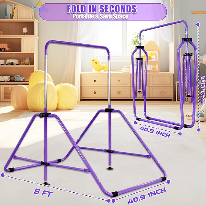 MARFULA Foldable Gymnastic Bar for Kids Ages 3-12, 9 Height Levels, 200 lbs Weight Capacity, 5 Ft Length Gymnastic Kip Bar with Mat, Gymnastic Equipment for Home and Gym Center Indoor Outdoor Use