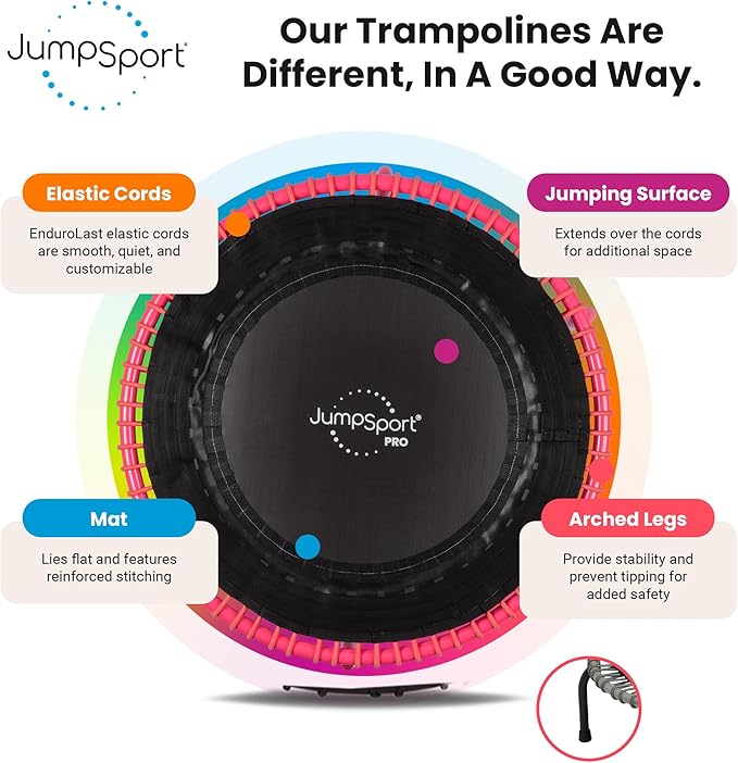 JumpSport 350 PRO Fitness Trampoline, Cardio Workout, No-Tip Arched Legs Home Gym Equipment, Adjustable Bungees & 60 Day Trial Video