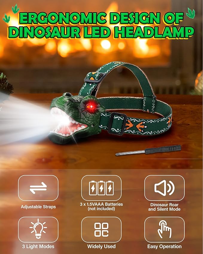 LED Dinosaur Headlamp for Kids, Children's Toy Flashlight T-Rex Dinosaur Toys for Age 3 4 5 6 7 8 9 Years Old Kids, Camping Hiking Gear for Boys Girls