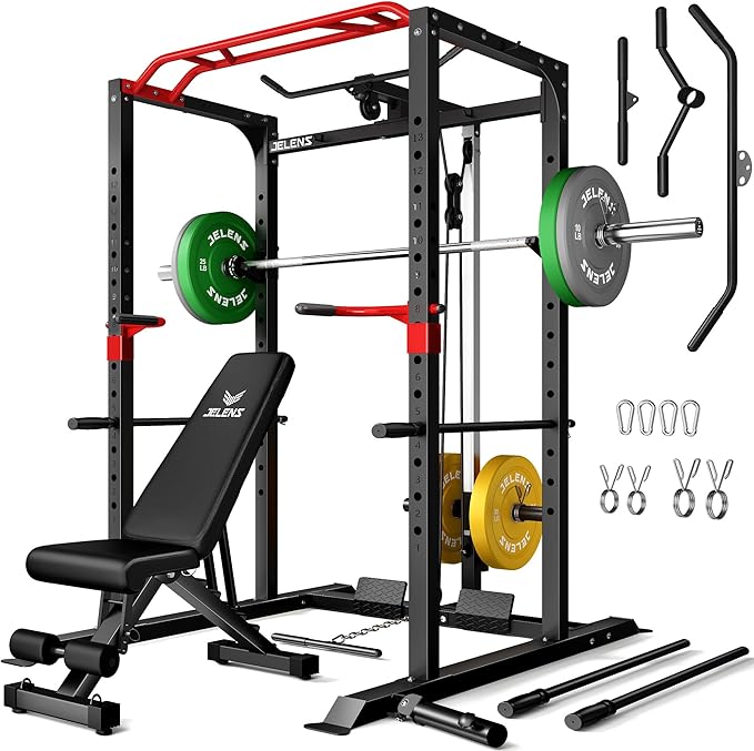 Power Cage, 2000LBS Multi-Function S11 Power Rack with LAT Pulldown, Squat Rack with Adjustable Pulley System and More Training Attachments, Weight Workout Machine for Home Gym