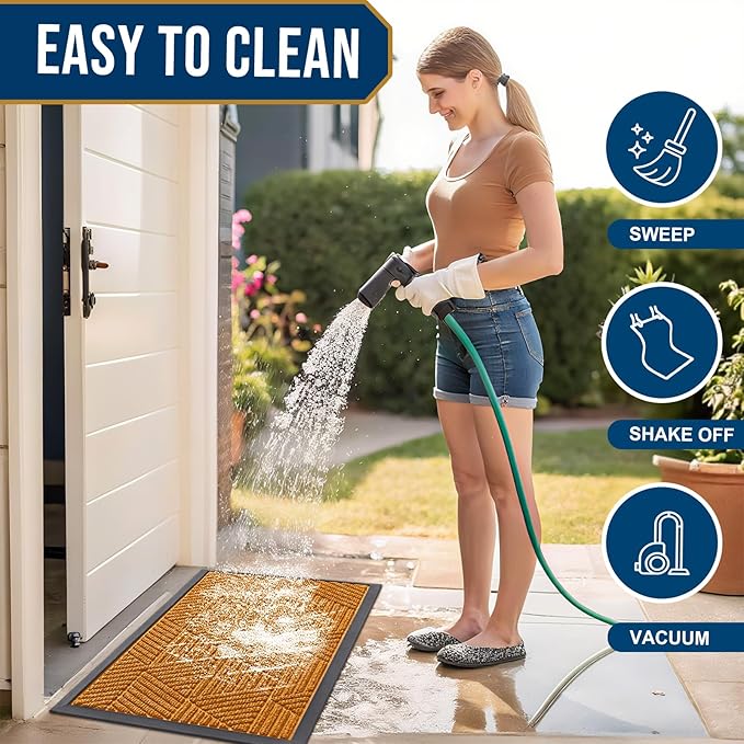 Smiry Front Door Mat Outside Entrance, Heavy Duty Sturdy Natural Rubber Doormat, Trap Dirt and Moisture, Easy Clean Low Profile Mats for Indoor Outdoor Entry, Irregular Triangle (36x24, Amber)