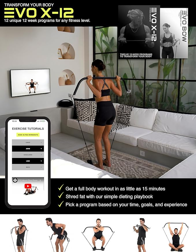 EVO Bow - All in One Portable Home Gym System with Ultra Weighted Push Up Board | Compact Strength Training and Exercise Equipment for Travel, Notched Resistance Bands for Full Body Training | 300lbs