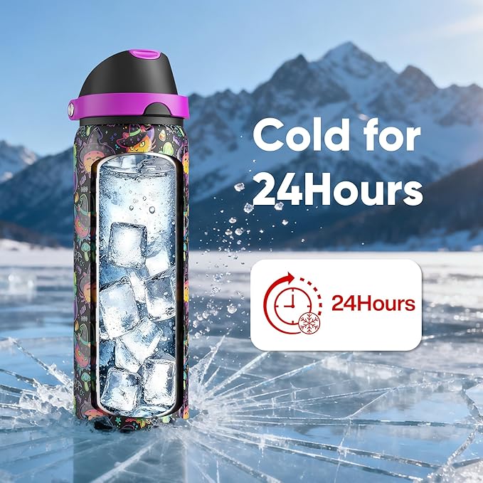 ENCOOL Insulated Water Bottle with Straw Stainless Steel Water Bottle with Push Button Lid, Leak-Proof & BPA-Free, Keeps Cold for 24 Hours for Sports, Travel, Gym (32 oz, Meowgic Night)