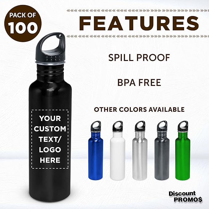 DISCOUNT PROMOS Custom Stainless Steel Water Bottles 26 oz. Set of 100, Personalized Bulk Pack - Reusable, Leak Proof, Perfect for Gym, Hiking, Camping, Outdoor Sports - Black