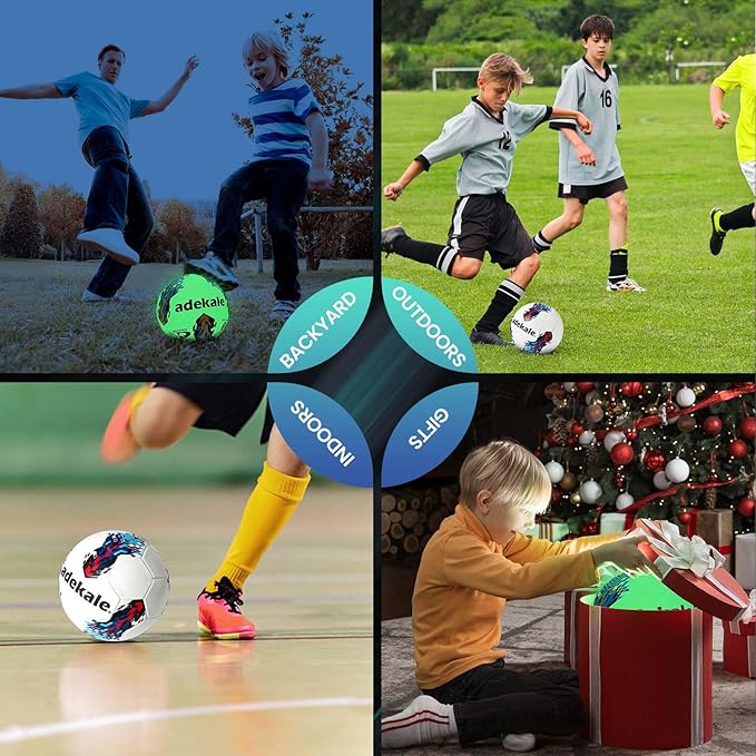 Glow in the Dark Soccer Ball Full Size 3/4/5, Sports Soccer Accessories Gifts Toys for Kids，Boys 8-12 , Light Up Ball with pump and needles, Ideal Soccer Gifts for Boys Age 7 8 9 10 11 12 13 14