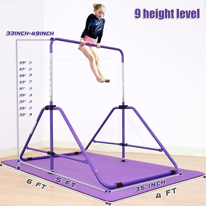 MARFULA Foldable Gymnastic Bar for Kids Ages 3-12, 9 Height Levels, 200 lbs Weight Capacity, 5 Ft Length Gymnastic Kip Bar with Mat, Gymnastic Equipment for Home and Gym Center Indoor Outdoor Use
