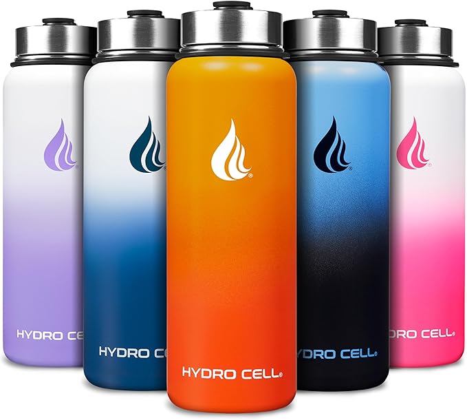 HYDRO CELL Stainless Steel Insulated Water Bottle with Straw - For Cold & Hot Drinks - Metal Vacuum Flask with Screw Cap and Modern Leakproof Sport Thermos for Adults (Red/Orange 40oz)