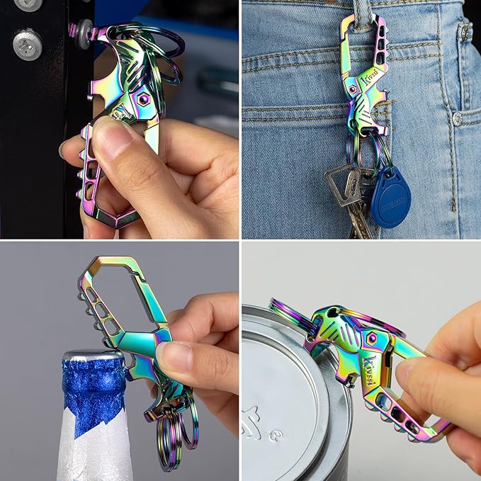 Heavy duty metal keychains, Carabiner clip Car key chains,Fashion family keychain bottle opener and 3 Key Rings suitable for men and women.（Multicolor-1pcs）