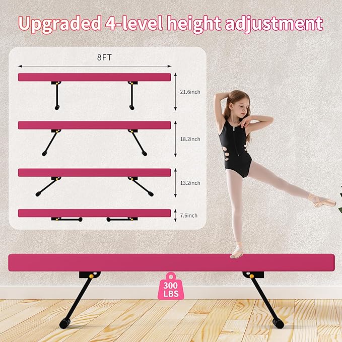 EL&IT·Wings 6ft/8ft Gymnastic Balance Beam, Adjustable High and Low Level Floor Beam - Highly Stable - Gym Practice Training Equipment for Kids Children Girls Home