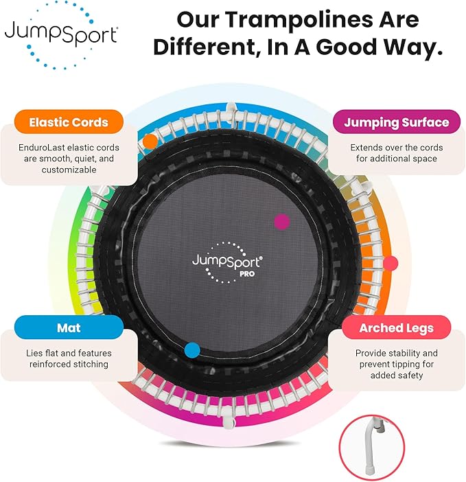 JumpSport 350 PRO Fitness Trampoline, Cardio Workout, No-Tip Arched Legs Home Gym Equipment, Adjustable Bungees & 60 Day Trial Video