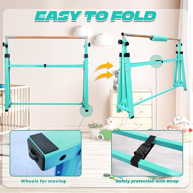Foldable Gymnastic Bar for Kids Ages 3-20,5FT/6FT Horizontal Bar Base Length,Height Adjustable Kids Training Bar for Gymnastics,Gymnastics Equipment for Home Clubs