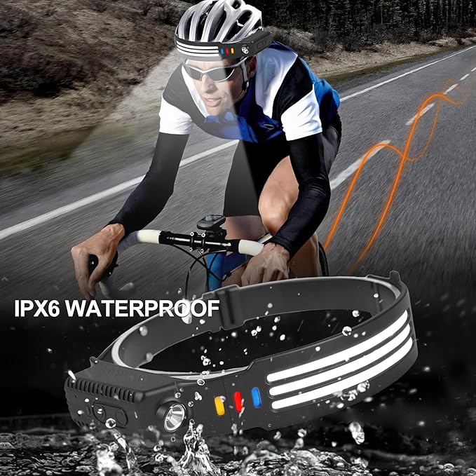 6Pack LED Headlamp Rechargeable, 1200 High Lumen Head Lamp with Motion Sensor, 230°Wide Beam, 5 Light Modes, IPX6 Waterproof Head Light for Camping, Running, Hiking