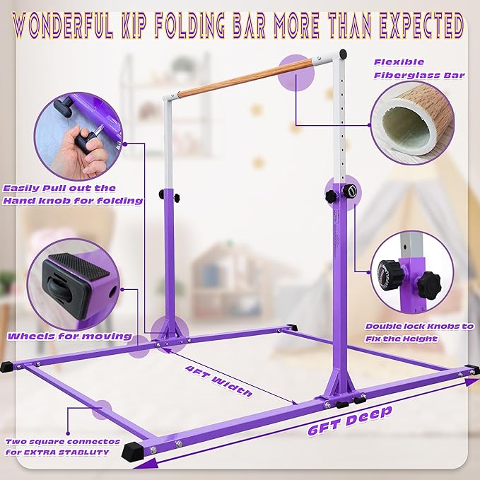 Foldable Gymnastic Bar for Kids Ages 3-20,5FT/6FT Horizontal Bar Base Length,Height Adjustable Kids Training Bar for Gymnastics,Gymnastics Equipment for Home Clubs