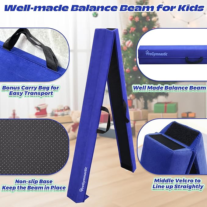 PreGymnastic 6FT/8FT/9.5FT Folding Balance Beam for Kids Ages 3-12, Foldable Gymnastics Floor Beam-Extra Firm Suede Cover with Carrying Bag for Home-Gym Equipment for Toddler Teenager