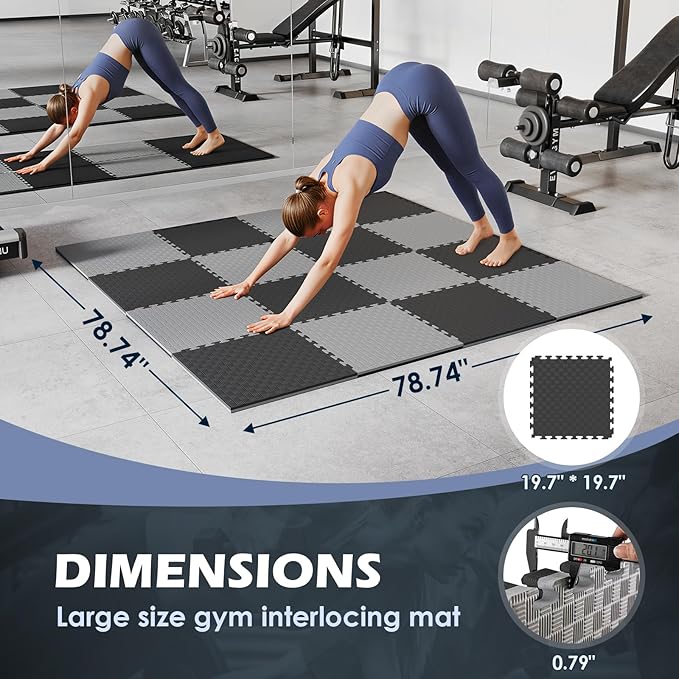 4/5" Extra Thick 43 Sq Ft High-Density Eva Foam Exercise Gym Mats, 16 Pcs Double Side Interlocking Puzzle Floor Tiles (20"x20") for Home Gym, Black&Gray